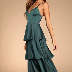 Emerald green tiered satin maxi dress